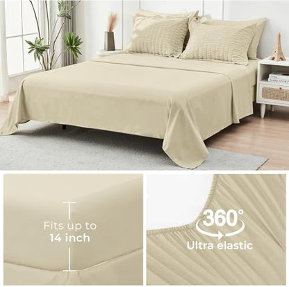 HYMOKEGE Oatmeal King Size Comforter Set Seersucker 7 Pieces, All Season Luxury Bed in a Bag for Bedroom, Bedding Set with Comforter, Sheets, Pillowcases & Shams