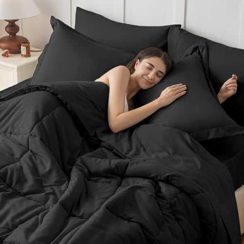 JOLLYVOGUE King Comforter Set, Ultra-Soft Bed in a Bag King Size 7 Pieces, Oeko-TEX Certified Bedding Set with Down Alternative Comforter, Sheets, Pillowcases & Shams, Black