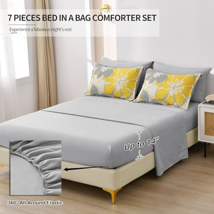 Anibedding 7 Pieces Yellow Floral Comforter Set Queen Size, Reversible Bed in a Bag with Sheets Set All Season, Soft Microfiber Flower Pattern Complete Duvet Bedding Set (Queen, 90"x90")
