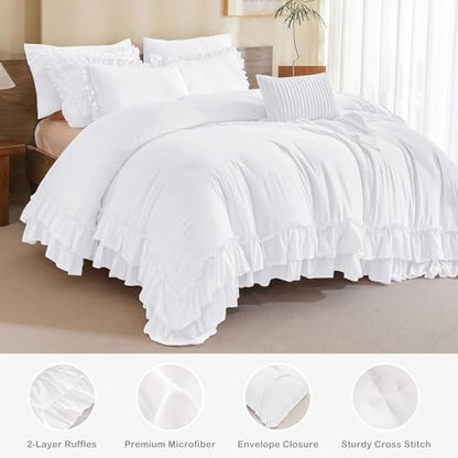 Masaca Ruffled Queen Comforter Set,Farmhouse Shabby Boho Chic Bedding Ultra Soft Fluffy French Country Ruffle Comforter Set 3-Piece (1 Bright White Comforter+2 Ruffle Pillow Shams)