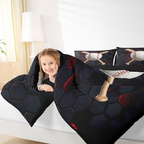 Castle Fairy Boys Baseball Twin Size Comforter Set,Kids Ball Games Theme Decor All Season Bedding Set,Teens Softball Comforter,Children Honeycomb Decor Quilt Set Bedroom Collection 2Pcs