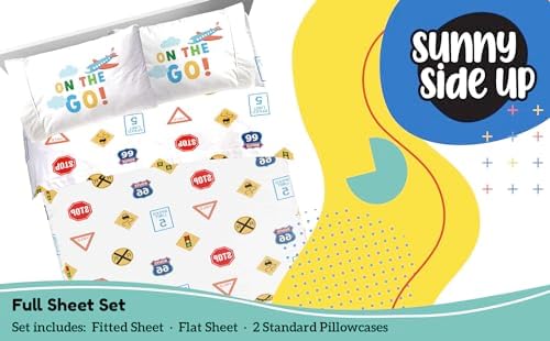 Sunny Side Up On The Go Full Sheet Set - 4 Piece Kids Bedding Set Includes Pillow Cover - Super Soft Vehicles Microfiber Sheets