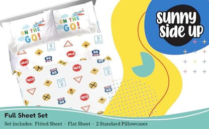 Sunny Side Up On The Go Full Sheet Set - 4 Piece Kids Bedding Set Includes Pillow Cover - Super Soft Vehicles Microfiber Sheets