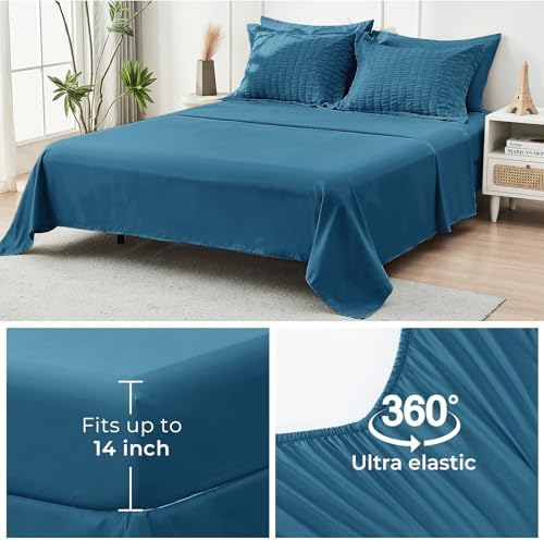 HYMOKEGE Teal Oversized King Comforter Set Seersucker 7 Pieces, All Season Luxury Bed in a Bag for Bedroom, Bedding Set with Comforter, Sheets, Pillowcases & Shams