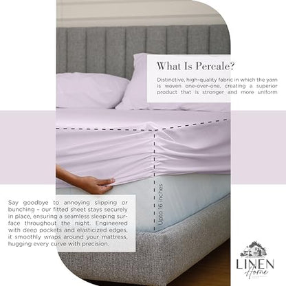 Linen Home 100% Cotton Percale Sheets Twin Size Pack of 2, Iris Lilac, Deep Pocket, 6 Pieces Set- 2 Flat, 2 Fitted and 2 Pillowcases, Crisp Cool and Long Staple Strong Bed Linen