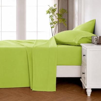 ROSE&RISY Avocado Green Queen Sheet Set, Pre-Washed Cotton-Like Brushed Microfiber, 4 Pcs Super Soft Breathable Cooling Bed Sets,Includes 1 Fitted, 1 Flat, 2 Pillowcases(Avocado Green, Queen)