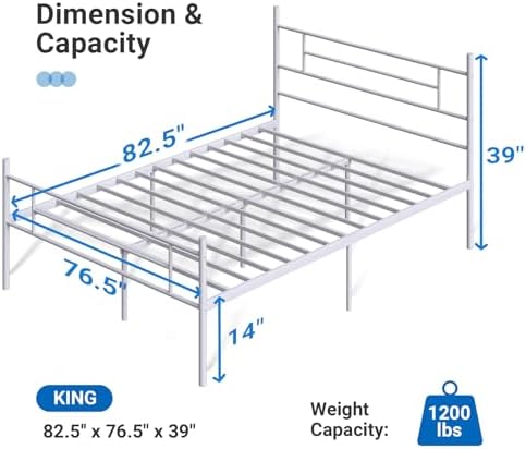 Avenco Metal Platform Bed Frame King Size with Classical Headboard and Footboard, 14 Inch, Under Bed Storage, Strong Metal Slats Support, Mattress Foundation, No Box Spring Needed