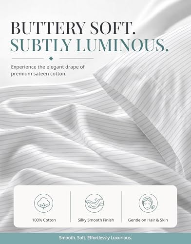 450TC 100% Cotton Twin XL Sheet Set - Soft Sateen Weave, Ticking Stripe