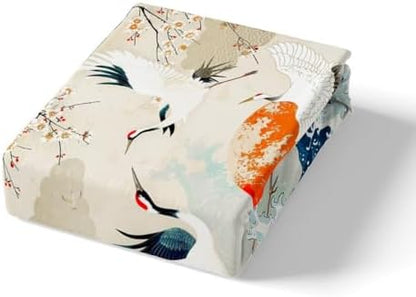 Feelyou Japanese Wave Bedding Set Full Size Kids Crane Cherry Blossoms Comforter Cover Set for Boys Girls Teens Red Sun Hokusai Pattern Home Decor Duvet Cover Japanese Style Bedspread Cover