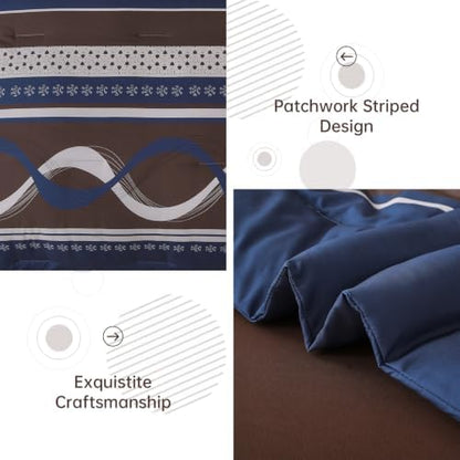 Blue Brown Comforter Set Full Size,8 Pieces Patchwork Striped Bed in a Bag