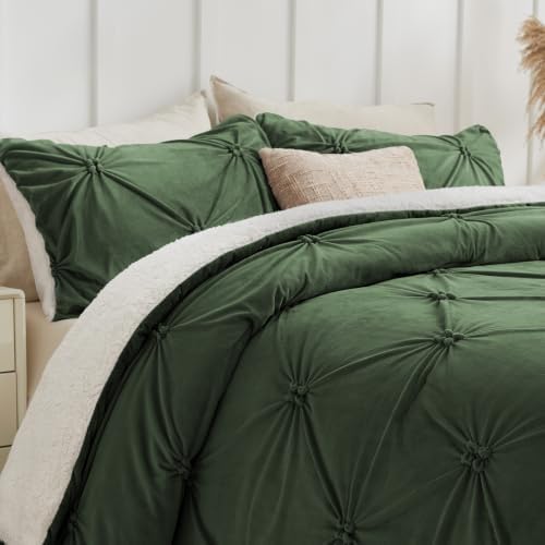 BEDELITE Fluffy Sherpa King Comforter Set,Pintuck-Olive Green