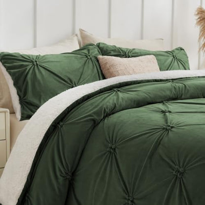 BEDELITE Fluffy Sherpa King Comforter Set,Pintuck-Olive Green