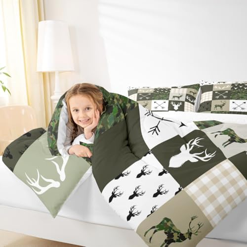 Camo Deer Kids Comforter Set Full Size,Deer Antlers Rustic Hunting Arrows Bedding Set,Girls Boys Adults Cabin Decor,Geometric Plaids Patchwork Down Comforter,Camo Country Duvet Insert,2 Pillowcases
