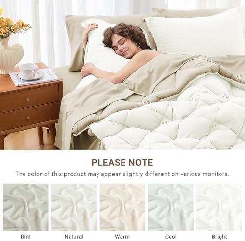 MUXHOMO 7 Pieces King Comforter Set, Reversible Bed in a Bag King Size, All Season Bedding Set with Comforter, Flat Sheet, Fitted Sheet, Pillowcases & Shams, Ivory & Khaki
