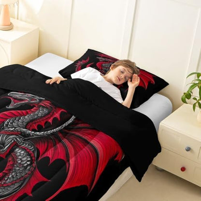 Feelyou Dragon Bedding Set Soft for Boys Girls, Wild Life Comforter Set Toddler Size Jungle Dragon Duvet Quilt Microfiber Red Black Bedroom Decor 2 Pcs with 1 Pillow Cases