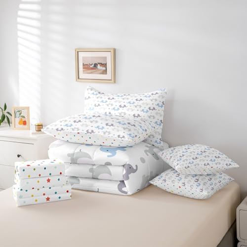 Erosebridal Elephants Full Comforter Set 7 Piece for Kids Boys Girls Cartoon Zoo Animal Bedding Set Blue Grey Elephants Bed in A Bag with Sheets Cute Safari Wildlife Bed Set