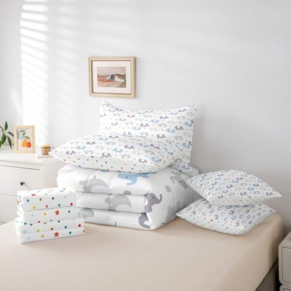 Erosebridal Elephants Twin Comforter Set 7 Piece for Kids Boys Girls Cartoon Zoo Animal Bedding Set Blue Grey Elephants Bed in A Bag with Sheets Cute Safari Wildlife Bed Set