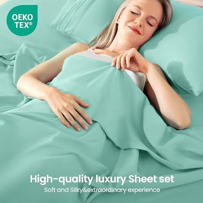 ROSE&RISY Light Green Queen Sheet Set, 4 Pieces Soft Bedding Sheet Set, Breathable and Cooling,Includes 1 Fitted, 1 Flat, 2 Pillow Cases - Deep Pocket (Light Green, Queen)