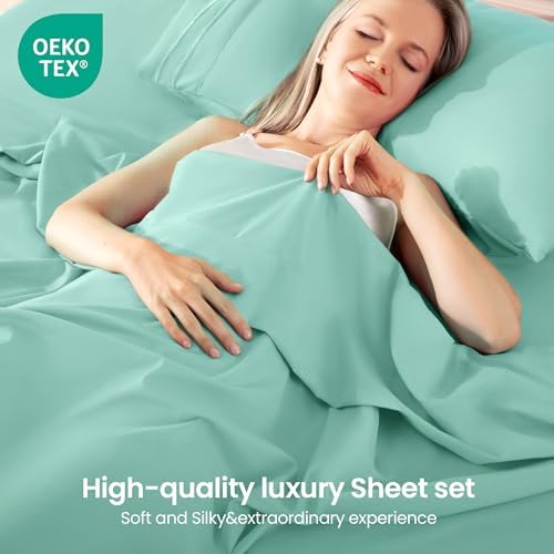 ROSE&RISY Light Green King Sheet Set, 4 Pieces Soft Bedding Sheet Set, Breathable and Cooling,Includes 1 Fitted Sheet, 1 Flat Sheet, 2 Pillowcases - Deep Pocket (Light Green, King)
