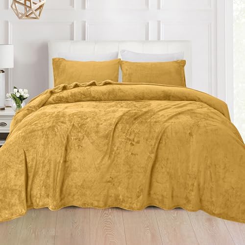 Elegant Comfort Luxuriously Soft 4-Piece Velvet Plush Flannel Sheet Set - Premium Quality - Cozy Warm, Anti-Static, Non Pilling Fuzzy Velvet Flannel Fleece Deep Pocket Sheet Set - Cal King, Gold