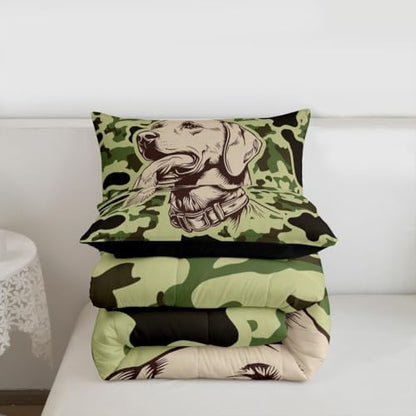 Feelyou Green Camo Decor Comforter Set King Size Hunting Dog Bedding Set for Kids Boys Girls Mallard Duck Duvet Quilt Military Style Bedroom Decor Microfiber 3 Pcs with 2 Pillow Cases