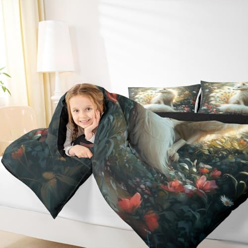 Nine-tailed Fox Kids Comforter Set Full Size,Poppy Flowers Leaf Botanical Natural Bedding Set,Girls Boys Room Decor,Wildlife Animals Mysterious Quilt Comforter,Rustic Duvet Insert,2 Pillowcases
