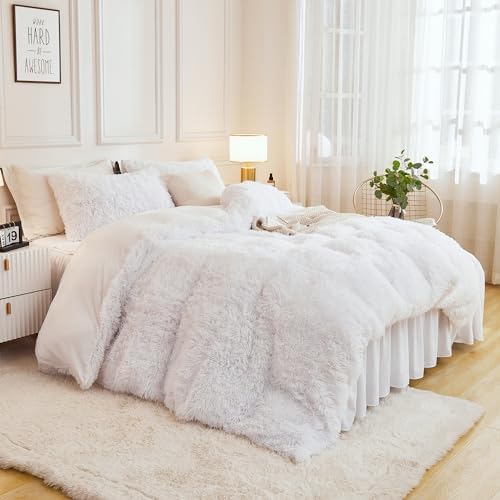 Andency White Queen Comforter Set, Fluffy Faux Fur Warm Bedding Set