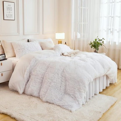 Andency White Queen Comforter Set, Fluffy Faux Fur Warm Bedding Set