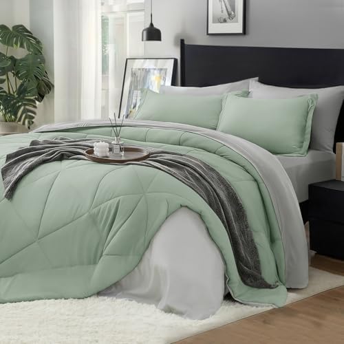 BEDELITE King Comforter Set 7 Pieces, Reversible Sage Green Bed in A Bag