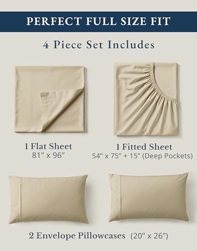 LANE LINEN 100% Organic Cotton Bed Sheets Full Size, Fully Elasticized Reinforsed Seams in Fitted Pocket, Machine Washable Naturally Cooling Full Sheet Deep Pocket Bedding- Linen