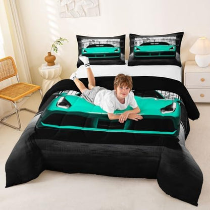 Feelyou Boys Teal Race Car Comforter Set Full Size Teal Luxury Car Bedding Set for Kids Boys Girls Extreme Sports Duvet Quilt Fast and Furious Bedroom Decor 3 Pcs with 2 Pillow Cases