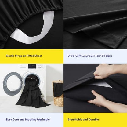 Flannel Sheets Warm and Cozy Deep Pocket Breathable All Season Bedding Set with Fitted, Flat and Pillowcases, King, Black