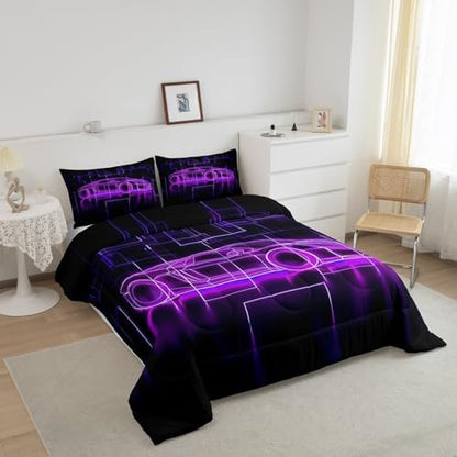 Feelyou Kids Boys Race Car Comforter Set,Extreme Sports Car Bedding Set King Size,Boys Bedroom Room Decor,Racing Car Comforter,Geometric Purple Black Speed Luxury Car Bed Set for All Season
