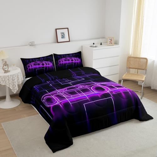Feelyou Kids Boys Race Car Comforter Set,Extreme Sports Car Bedding Set Toddler Size,Boys Bedroom Room Decor,Racing Car Comforter,Geometric Purple Black Speed Luxury Car Bed Set for All Season