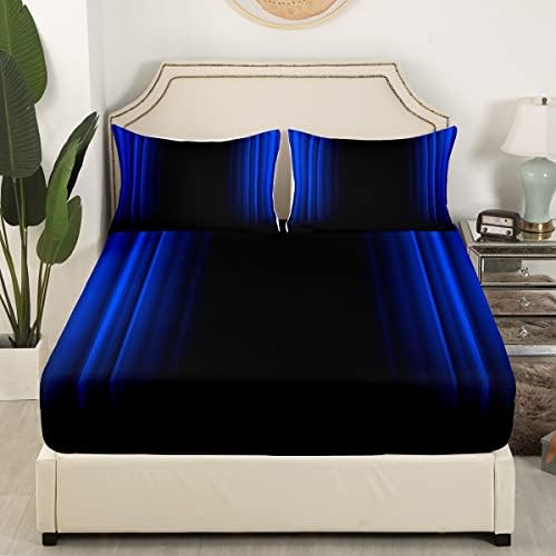 Feelyou Geometric Abstract Ombre Bed Sheets Kids Teens Dark Blue and Black Striped Sheet Set Decor Modern Fashion Bed Set Bedroom Collection 4Pcs Full Size