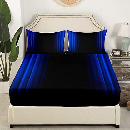Feelyou Geometric Abstract Ombre Bed Sheets Kids Teens Dark Blue and Black Striped Sheet Set Decor Modern Fashion Bed Set Bedroom Collection 4Pcs Queen Size
