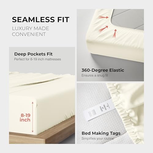 THREAD SPREAD 100% Egyptian Cotton Queen Sheets Set - 1200 Series Plush Collection Luxury Egyptian Cotton Sheets Queen Size Deep Pocket (4 PC, Ivory), Soft, Cooling, Sateen Weave Sheet Set