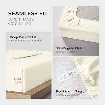 THREAD SPREAD 100% Egyptian Cotton King Size Sheets Set - Luxury 1200 Series Plush Collection Egyptian Cotton Sheets King Size (4 PC, Ivory), Silky Soft, Cooling, 17" Deep Pocket Bed Set