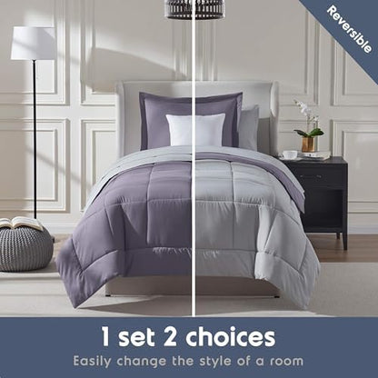 Nestl 7 Piece Twin XL Comforter Set – Grayish Purple Reversible Bed in a Bag – Complete Twin XL Size Bedding Set with Sheets, Set of 2 Down Alternative Pillows, Pillowcase and Sham