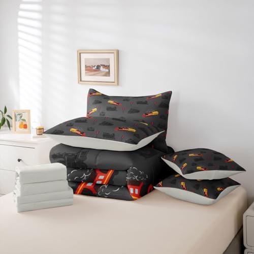 Feelyou Vintage Retro Train Comforter Set King Size Steam Locomotive Down 7 Pcs Bedding for Kids Adults, Boys Girls Bed in a Bag,Transportation Vehicles Bed Sheet Sets with Fitted Sheet Pillowcases
