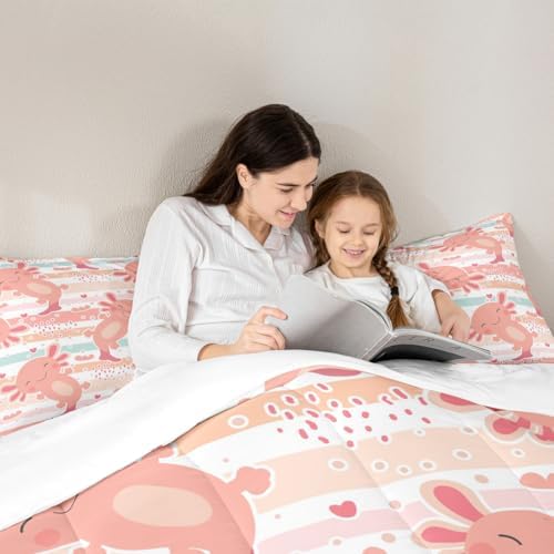 Cute Axolotl Comforter Set Twin Size Rainbow Stripes Quilt Set Animal Theme Bedding Comforters 2pcs for Kids Teens Room Decor,Pink Romantic Soft Duvet Set with 1 Pillowcase