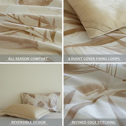 Queen Size Comforter - 100% Cotton Beige Botanical Floral Print Reversible Comforter Set, Hypoallergenic and Breathable Bedding Set for All Season, 3 Pieces, 90"x90"