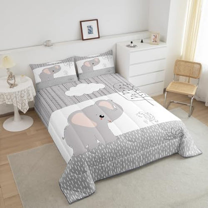 Castle Fairy Cartoon Elephant Bedding Comforters Queen Size,Kawaii Cute Wild Animal Comforter Set with 2 Pillowcases,Grey White Tree Cloud Flower Children Adult Polyester Duvet Set 3pcs