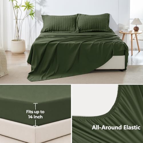 HIMEET Queen Comforter Set, 7-Piece Seersucker Bed in a Bag, Olive Green