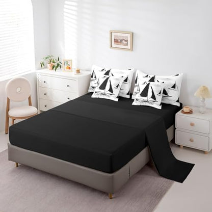 Erosebridal 7Pcs Black Sailboat Comforter Set King Size,Sailing Ship Pirate Themed Bedding Set,Nautical Vintage Sailboat Bed in A Bag,Black Sketch Tie Dye Sheet Set with Comforter