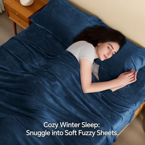 BEDELITE Flannel Sheets Queen Size, Navy, 4 Pieces