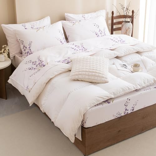 QSH Lavender Floral Bed Sheets Queen Size - 100% Egyptian Cotton Sheets Purple Flower Printed Bedding Sheets Queen Size Bed 4pcs Deep Pockets Bed Sheets
