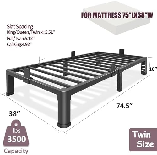 Bilily 10 Inch Low Twin Bed Frame with Round Corner Legs,3500 LBS Heavy Duty Low Profile Twin Size Metal Platform, Steel Slats Support No Box Spring Needed Easy Assembly Noise-free for Kids Room,Black