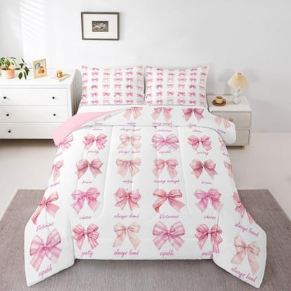 jejeloiu Pink Bow Comforter Set All Season Girls Bow Bedding Set with 1 Pillow Cases Cute Bowknot Microfiber Kids Toddler Bedclothes Bedroom Decor Duvet Quilt Breathable Soft Lightweight