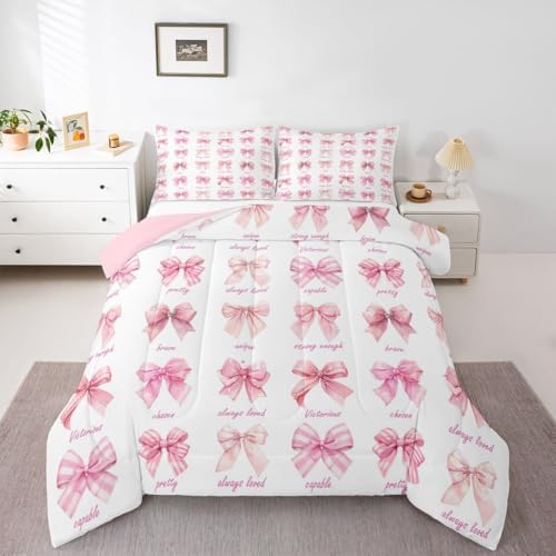jejeloiu Pink Bow Comforter Set All Season Girls Bow Bedding Set with 2 Pillow Cases Cute Bowknot Microfiber Kids Queen Bedclothes Bedroom Decor Duvet Quilt Breathable Soft Lightweight